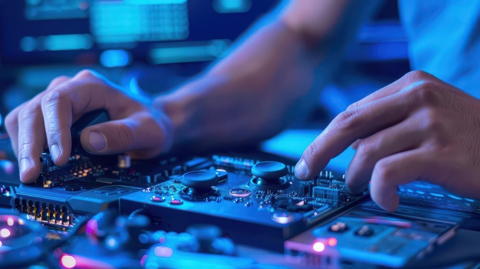 Close-up of expert fixing a gaming console